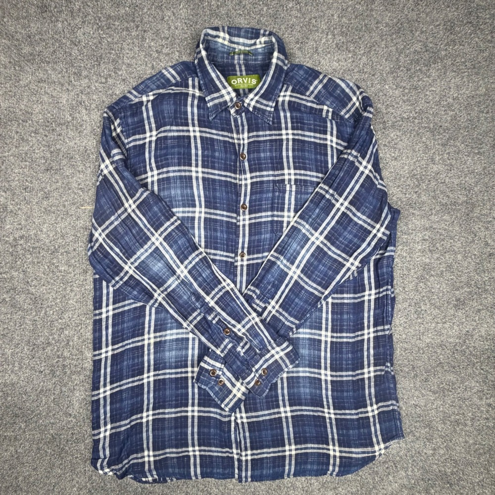Orvis Mens Blue‎ White Plaid Cotton Button Down Shirt Large 4K7P 0553